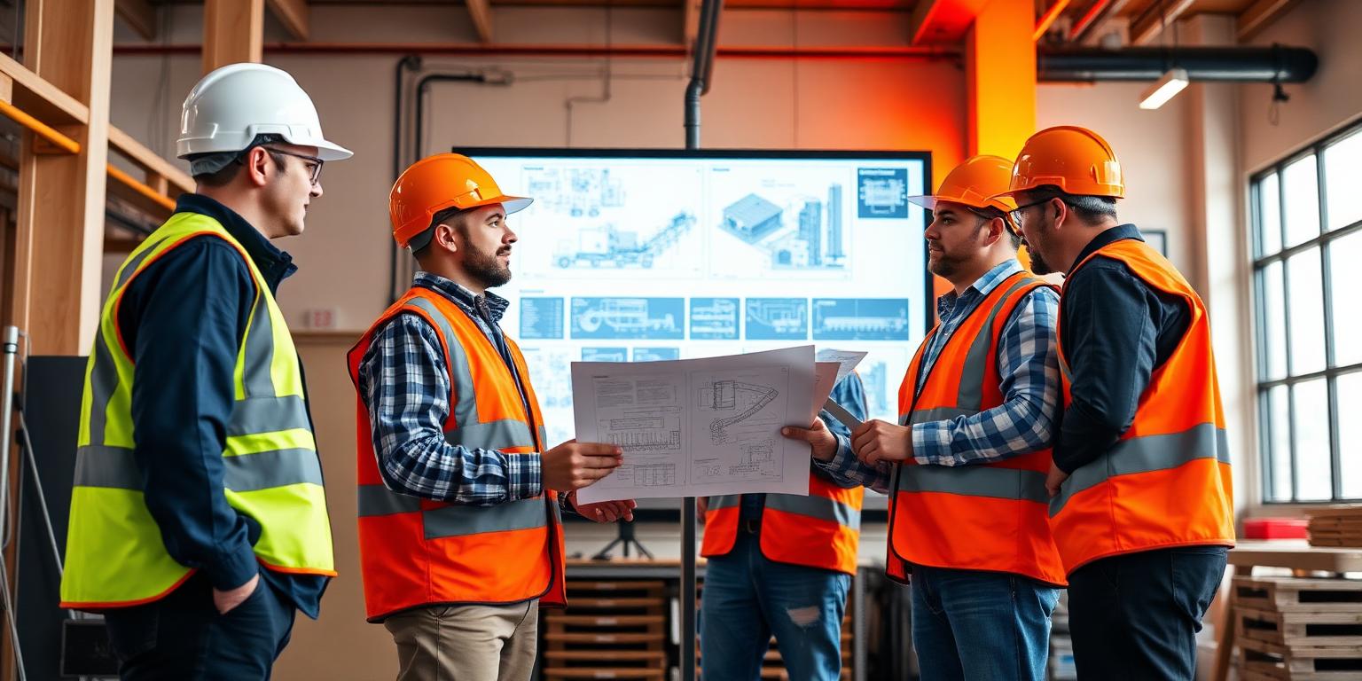 Equipo de ingenieros y profesionales industriales revisando planos en oficina