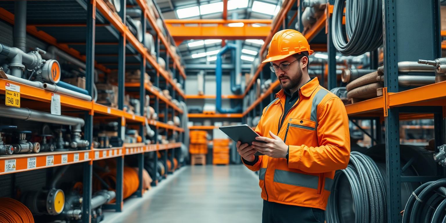 Operario en almacén industrial revisando inventario de suministros en tablet